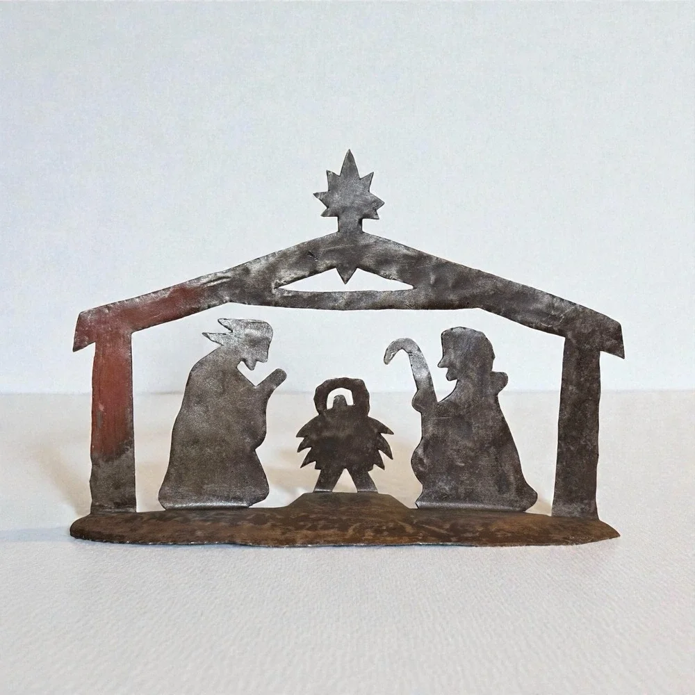 Handcrafted Haitian Iron Nativity Scene Recycled Oil Drum Folk Art VTG Brutalist